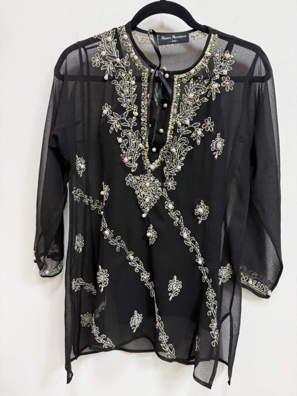 Mason Marciano Black Embroidered Sheer Tunic Top with tank underneath.